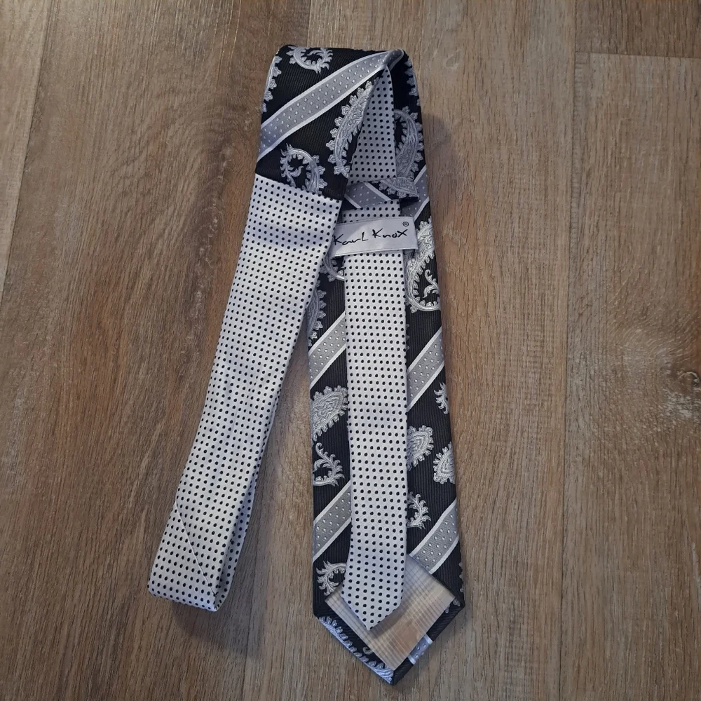 Karl Knox Vintage Silver Black Necktie Elegant Paisley Polka Dot Striped Design